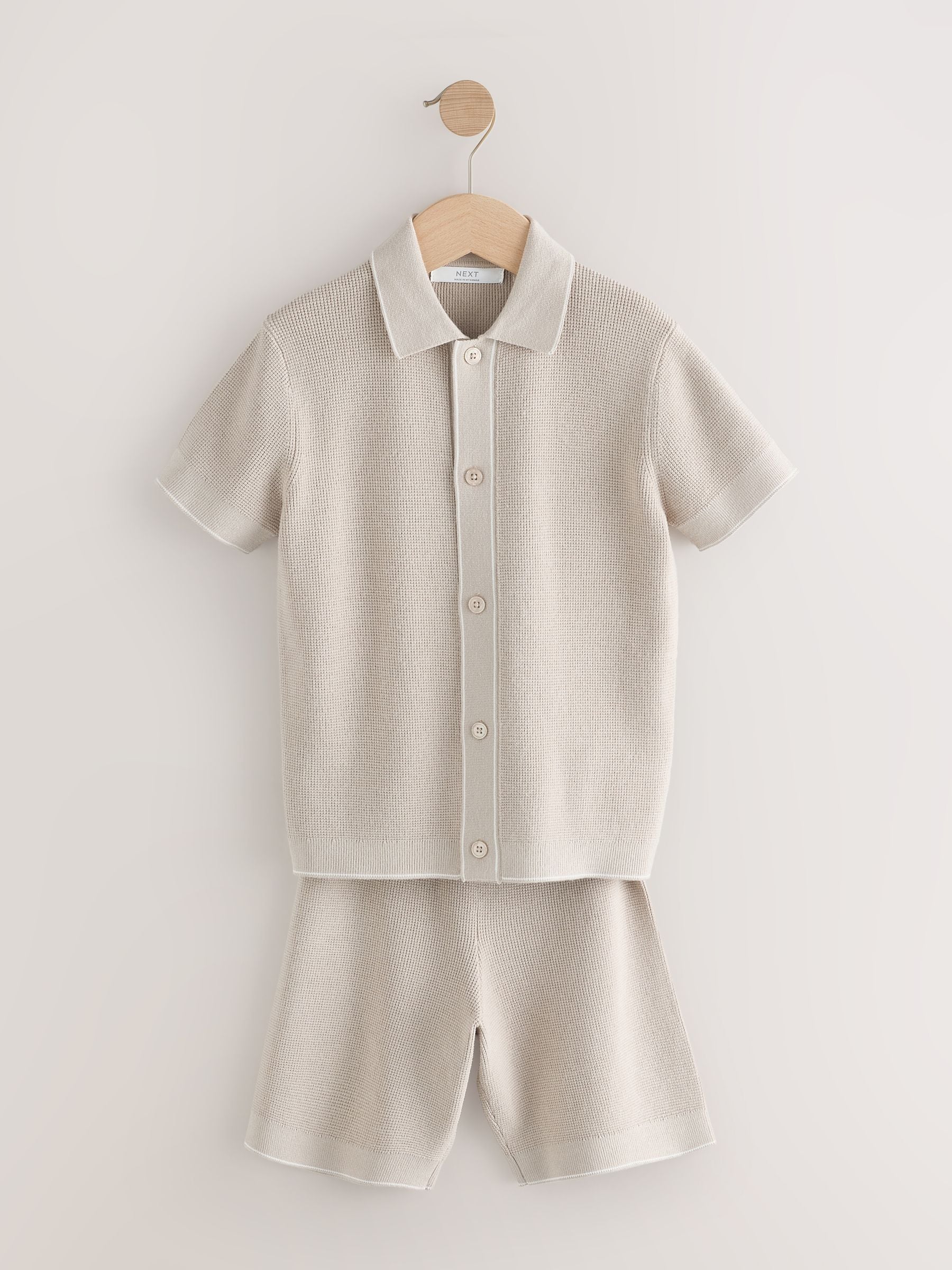 Dsiney Kidz - Neutral Textured Knitted Polo Shirt and Shorts Set (3-16yrs) image 1