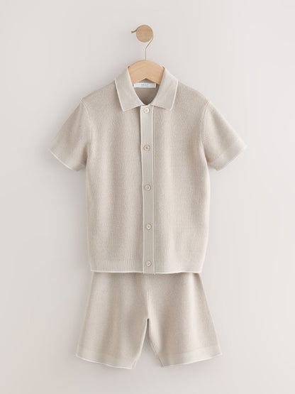 Dsiney Kidz - Neutral Textured Knitted Polo Shirt and Shorts Set (3-16yrs) image 1