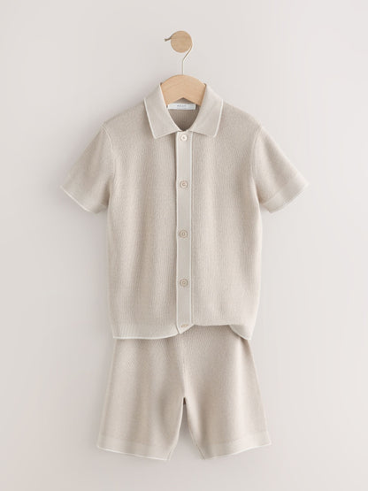 Dsiney Kidz - Neutral Textured Knitted Polo Shirt and Shorts Set (3-16yrs) image 2