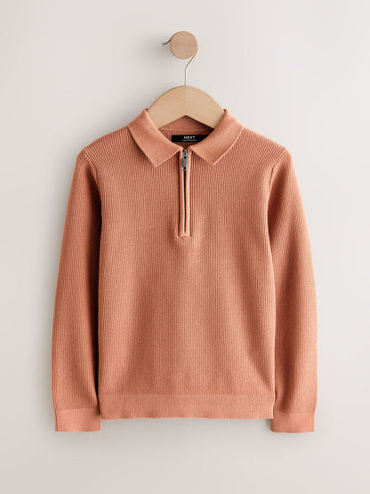 Dsiney Kidz - Rust Brown Long Sleeve Zip Neck Knitted Polo Shirt (3-16yrs) image 1