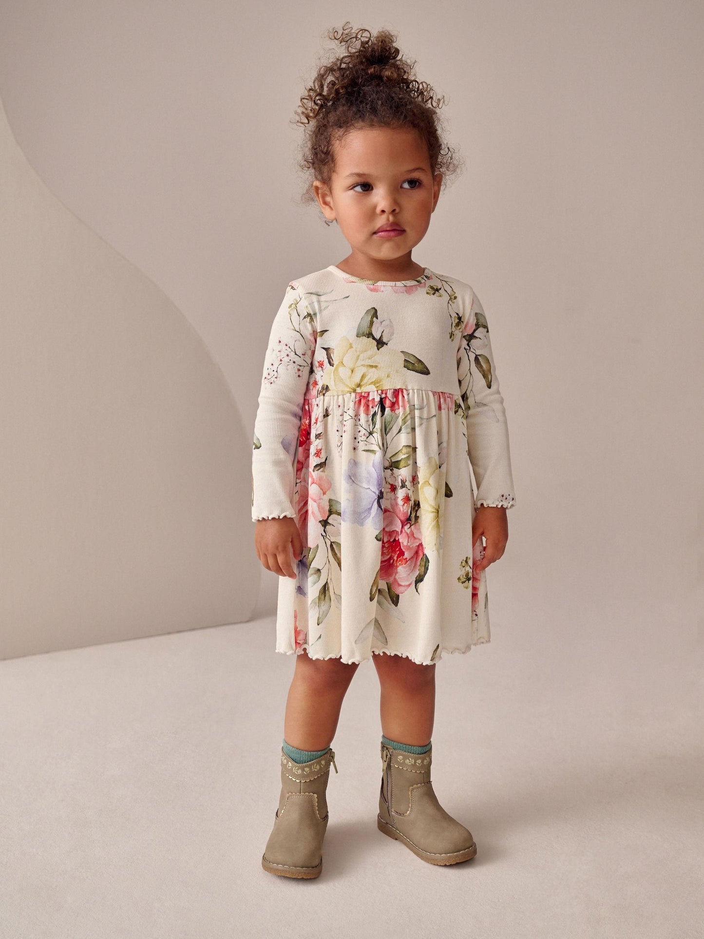 Cream Floral Long Sleeve Ribbed Dress (3mths-7yrs)