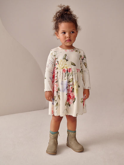 Cream Floral Long Sleeve Ribbed Dress (3mths-7yrs)