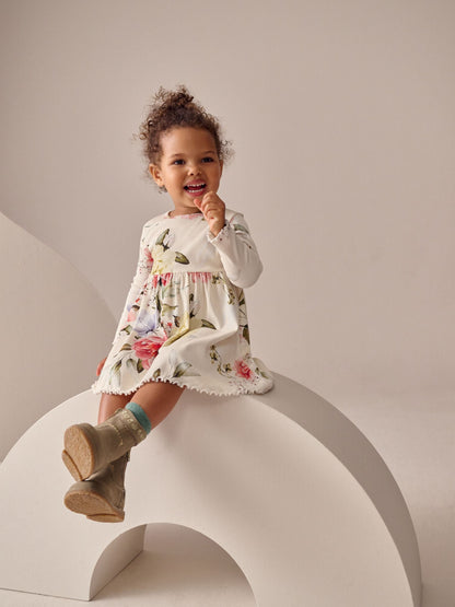 Cream Floral Long Sleeve Ribbed Dress (3mths-7yrs)