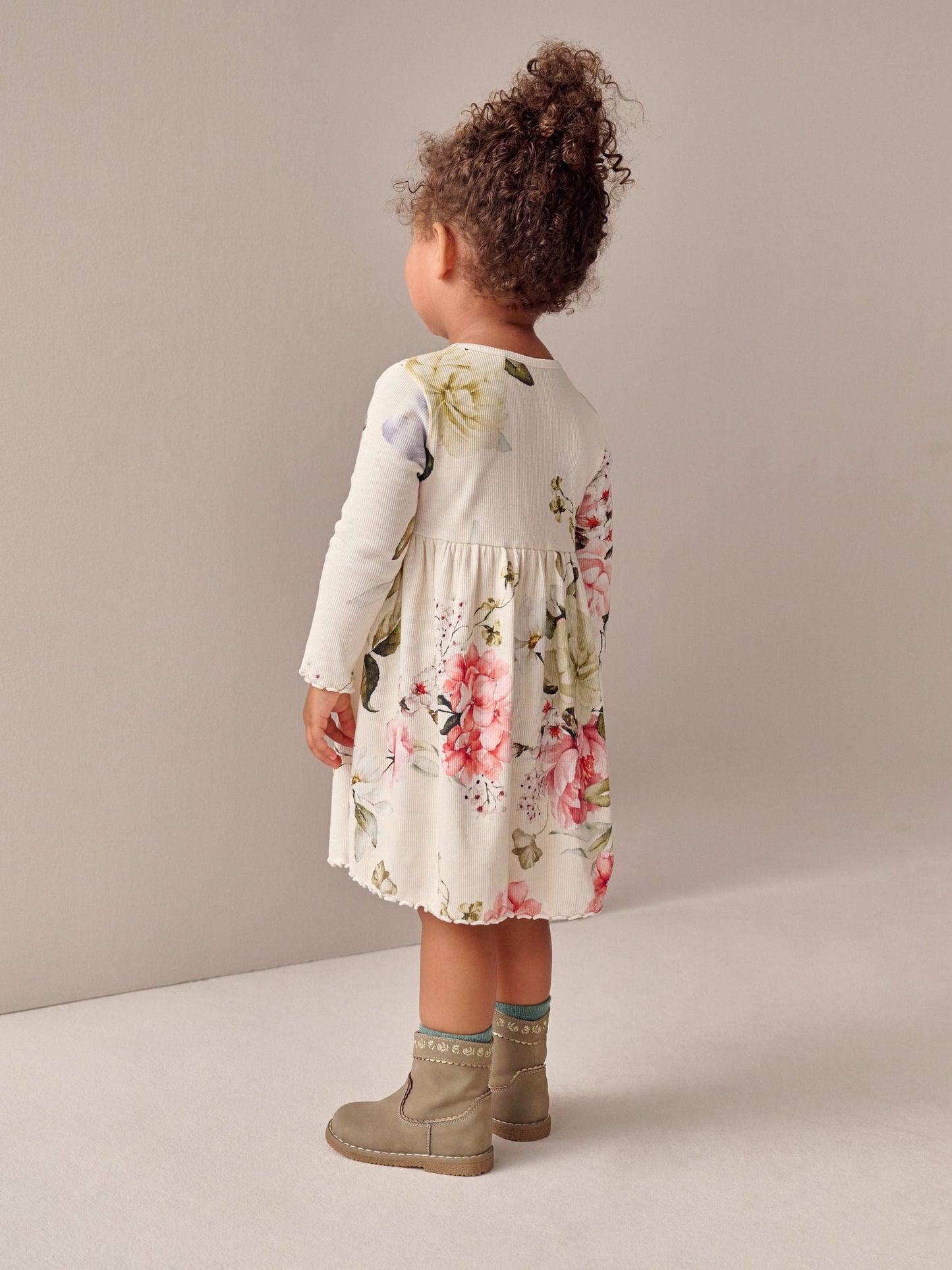 Cream Floral Long Sleeve Ribbed Dress (3mths-7yrs)