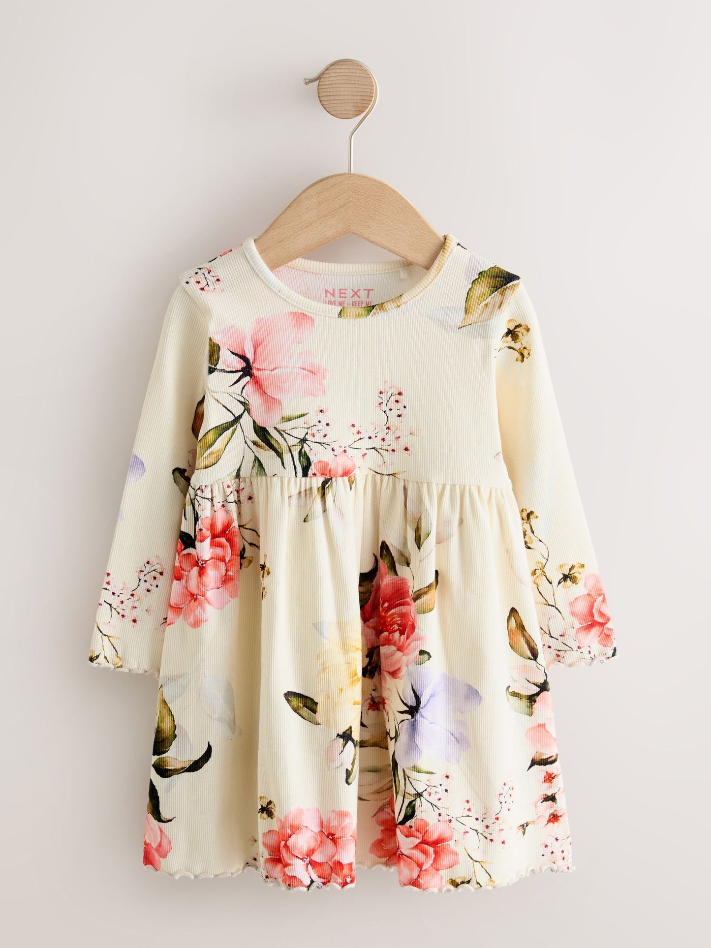 Cream Floral Long Sleeve Ribbed Dress (3mths-7yrs)