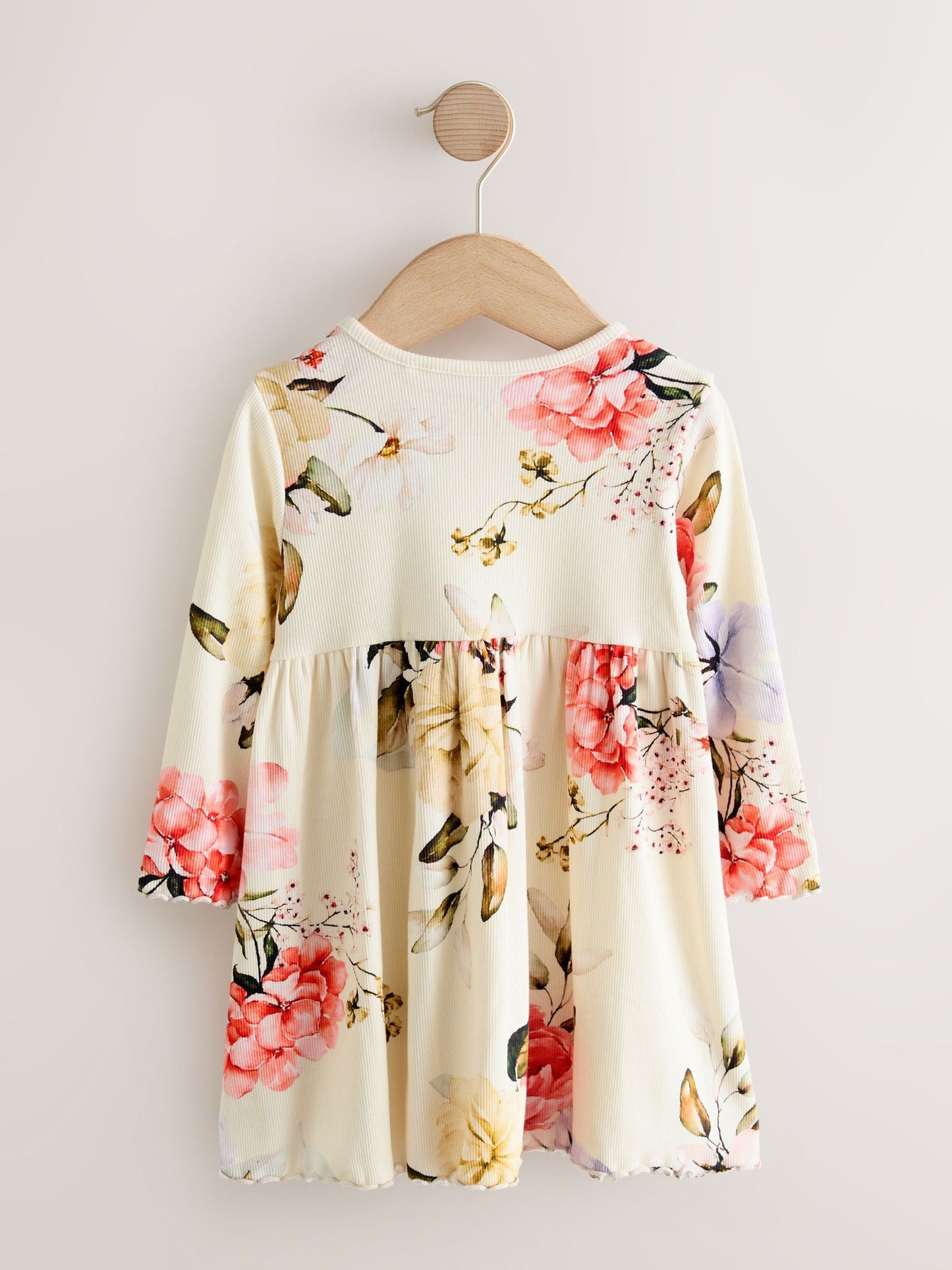 Cream Floral Long Sleeve Ribbed Dress (3mths-7yrs)