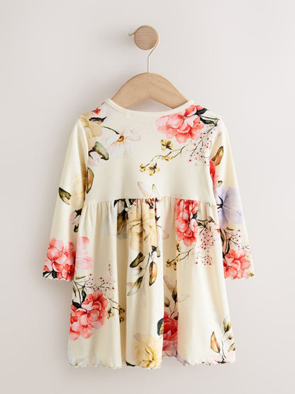 Cream Floral Long Sleeve Ribbed Dress (3mths-7yrs)