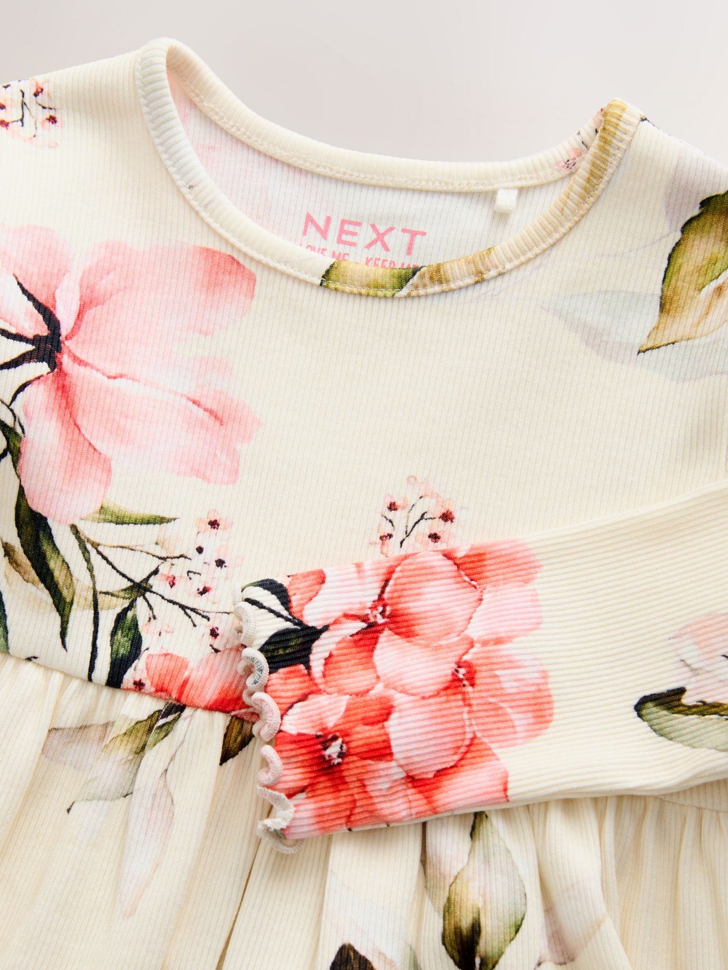 Cream Floral Long Sleeve Ribbed Dress (3mths-7yrs)