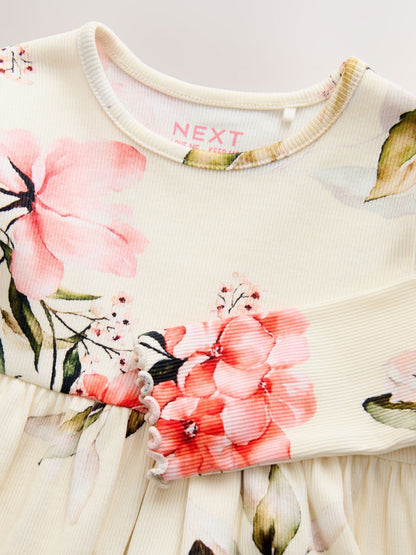 Cream Floral Long Sleeve Ribbed Dress (3mths-7yrs)