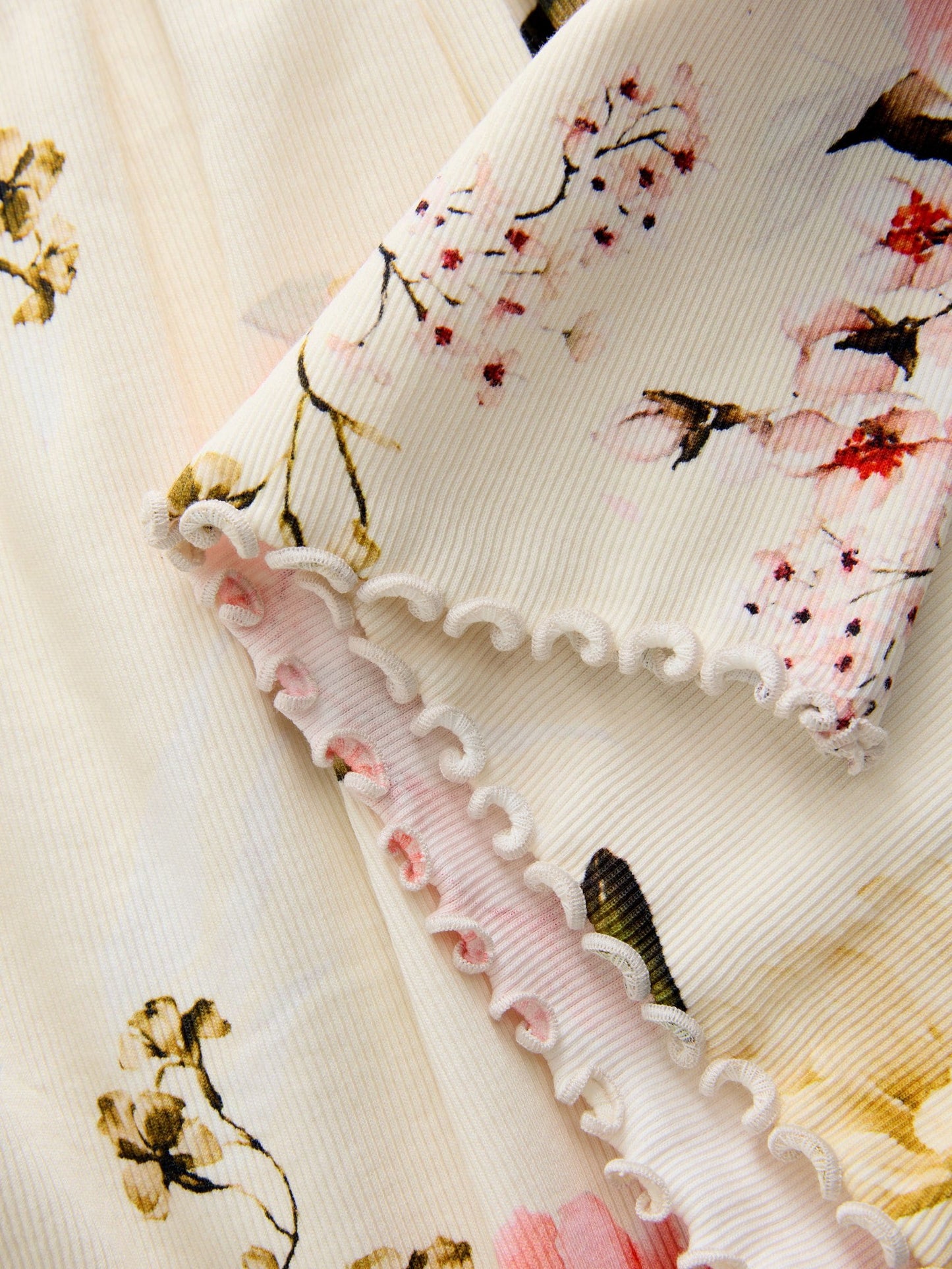 Cream Floral Long Sleeve Ribbed Dress (3mths-7yrs)