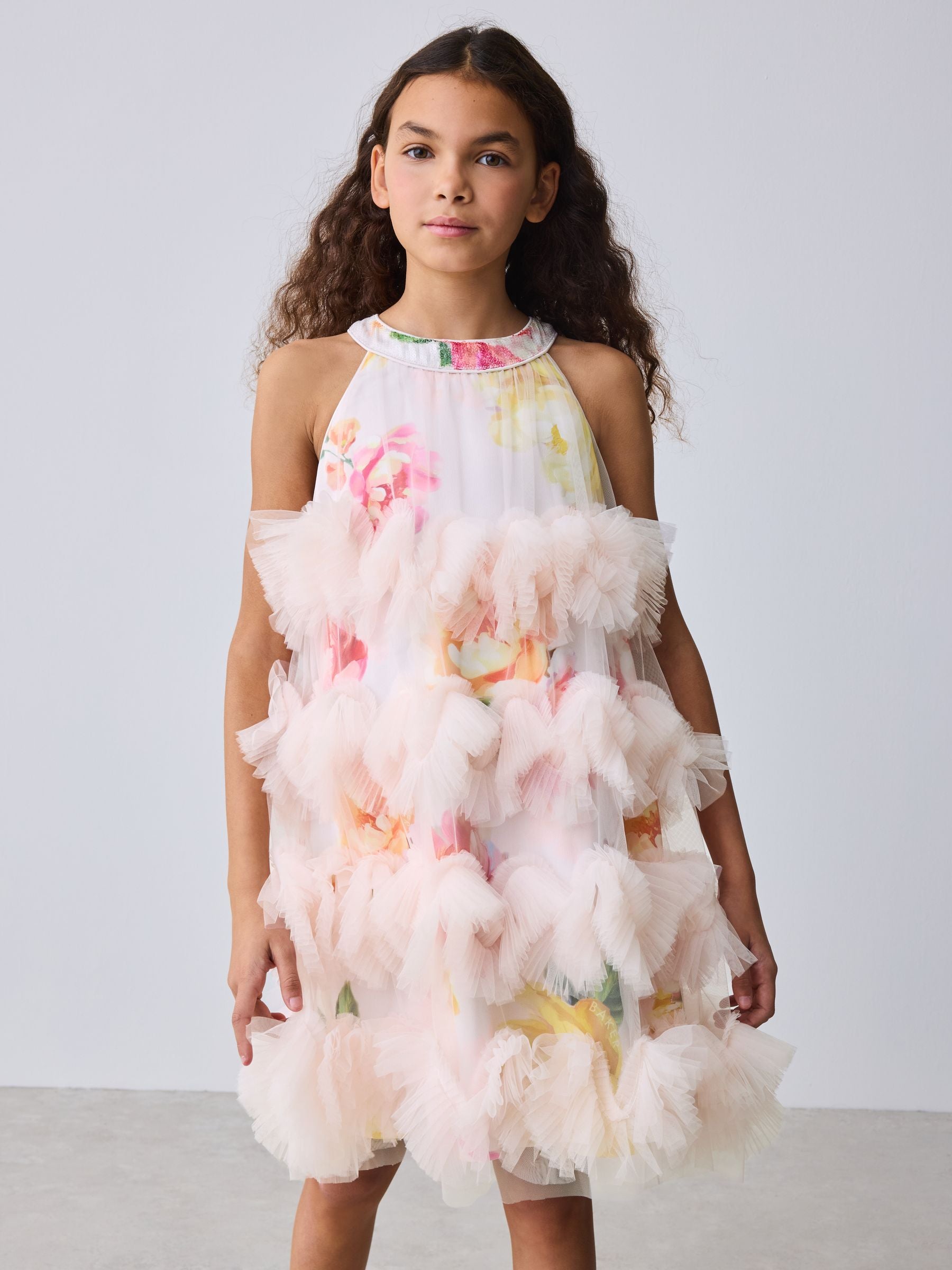 Baker by Ted Baker Pink 3D Fluffy Ruffle Mesh Overlay Halter Dress image 3