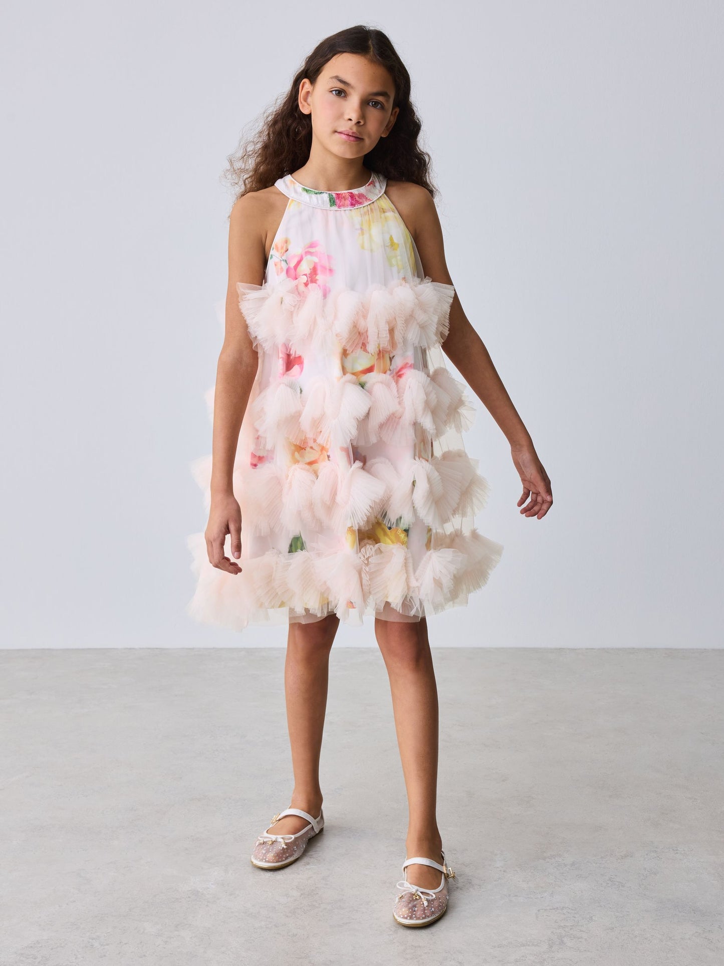 Baker by Ted Baker Pink 3D Fluffy Ruffle Mesh Overlay Halter Dress image 4