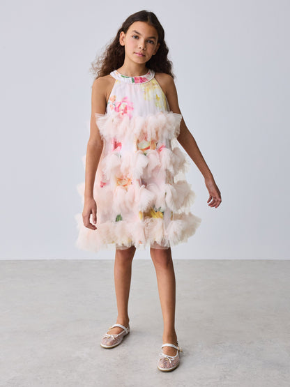 Baker by Ted Baker Pink 3D Fluffy Ruffle Mesh Overlay Halter Dress image 4
