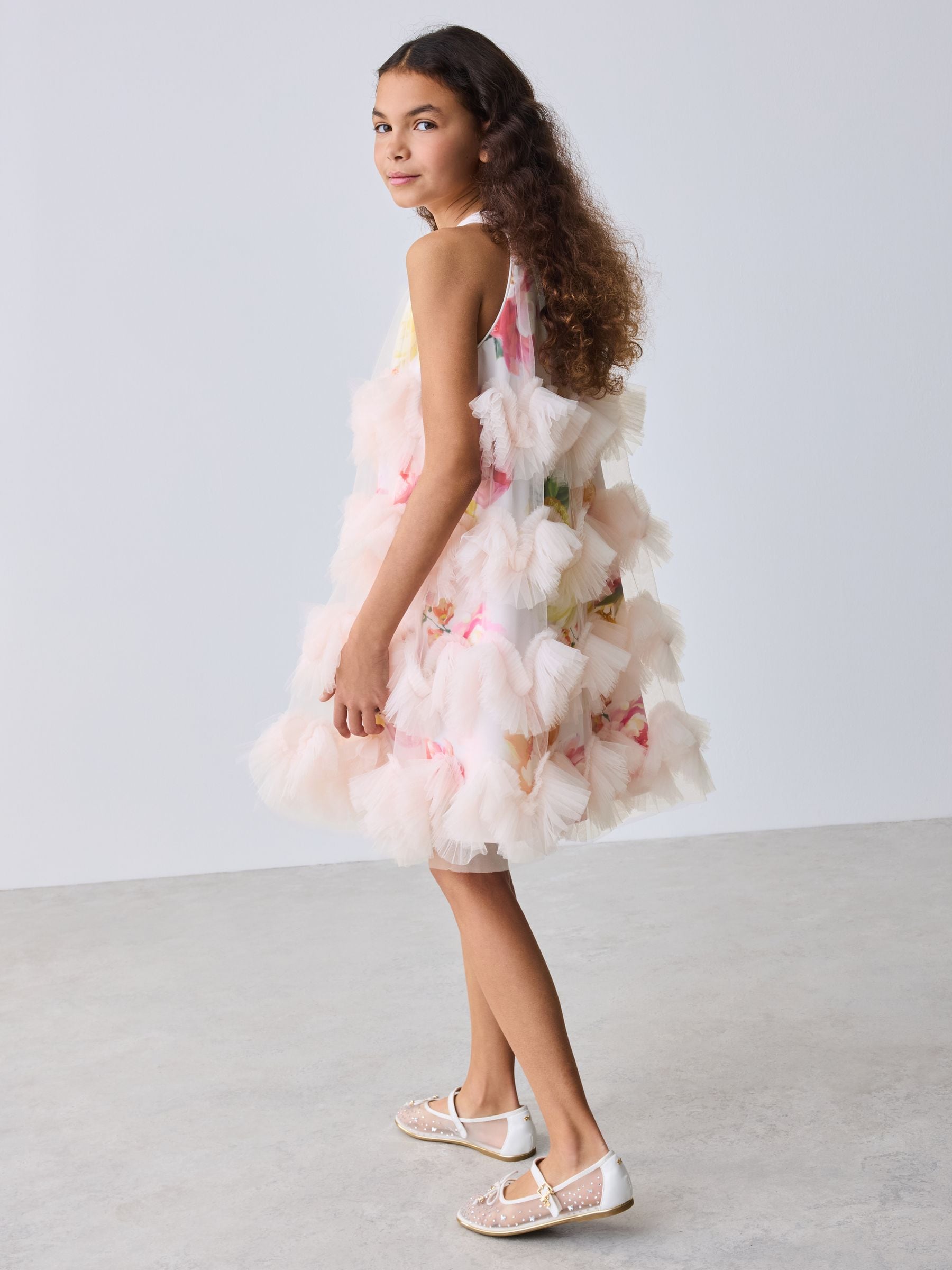 Baker by Ted Baker Pink 3D Fluffy Ruffle Mesh Overlay Halter Dress image 5