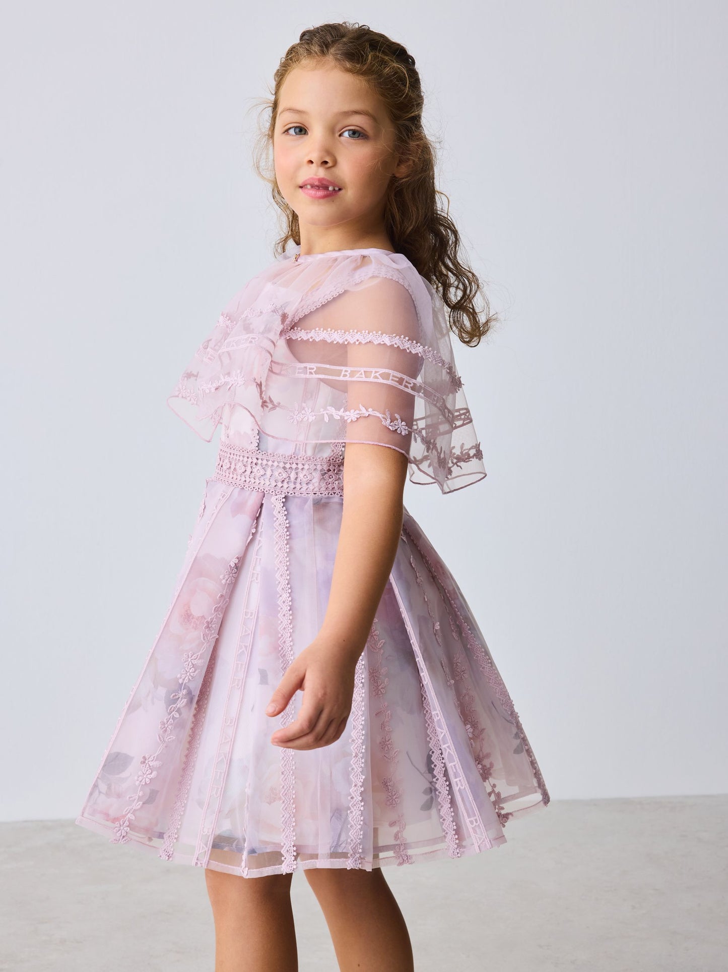 Baker by Ted Baker Lilac Purple Floral Trellis Lace Overlay Organza Dress & Cape image 3