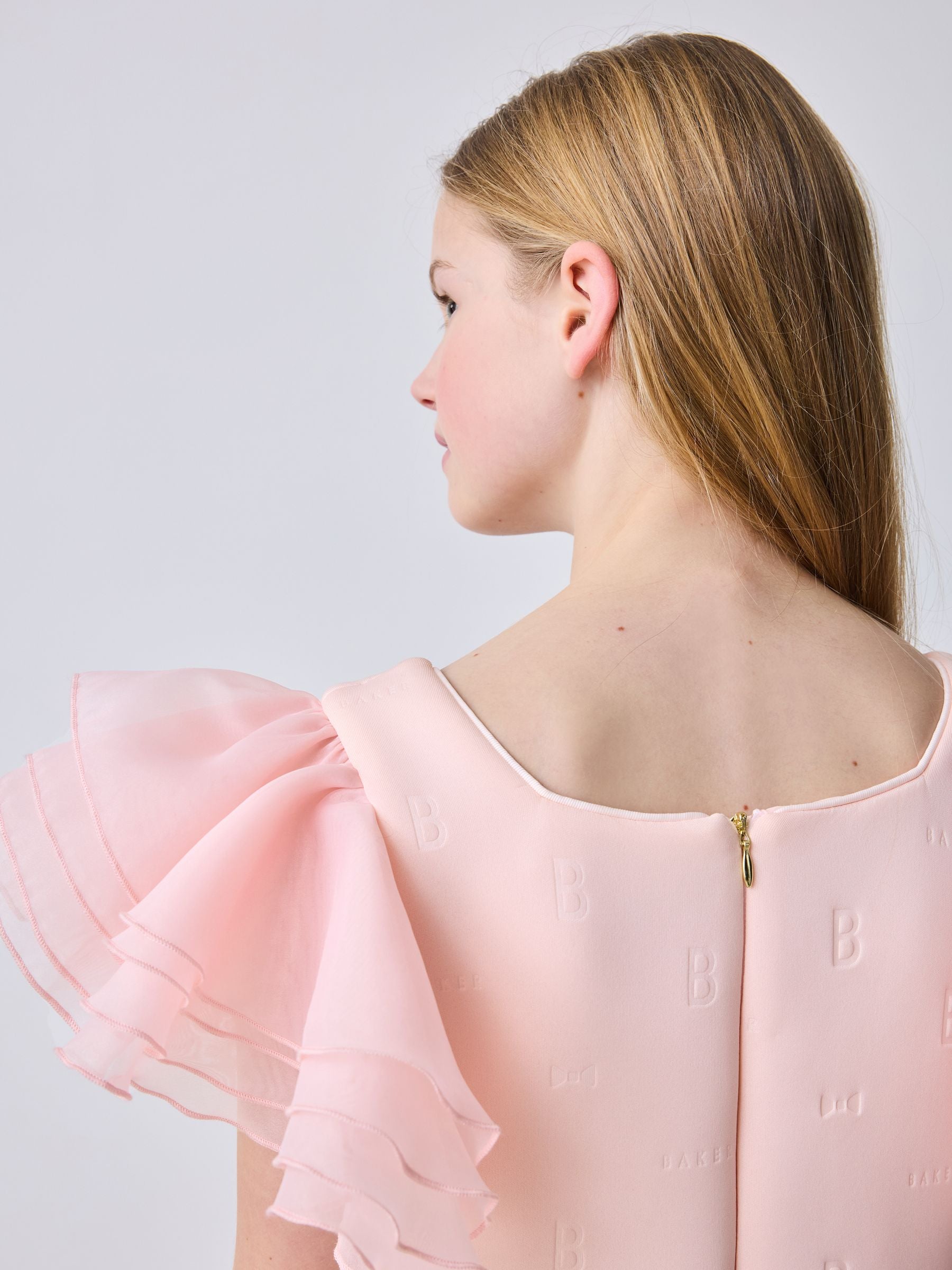 Baker by Ted Baker Pink Organza Frill Sleeve Embossed Scuba Dress image 6