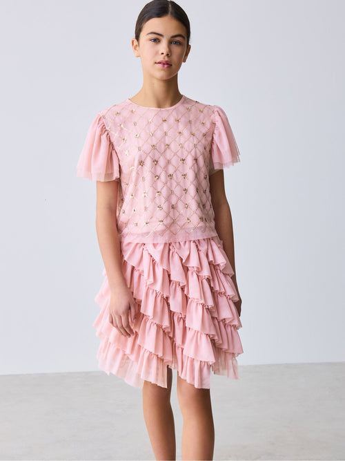 Baker by Ted Baker Pink 2 Piece Sequin Mesh Top & Ruffle Tier Skirt Set image 1