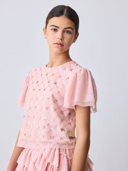 Baker by Ted Baker Pink 2 Piece Sequin Mesh Top & Ruffle Tier Skirt Set image 2