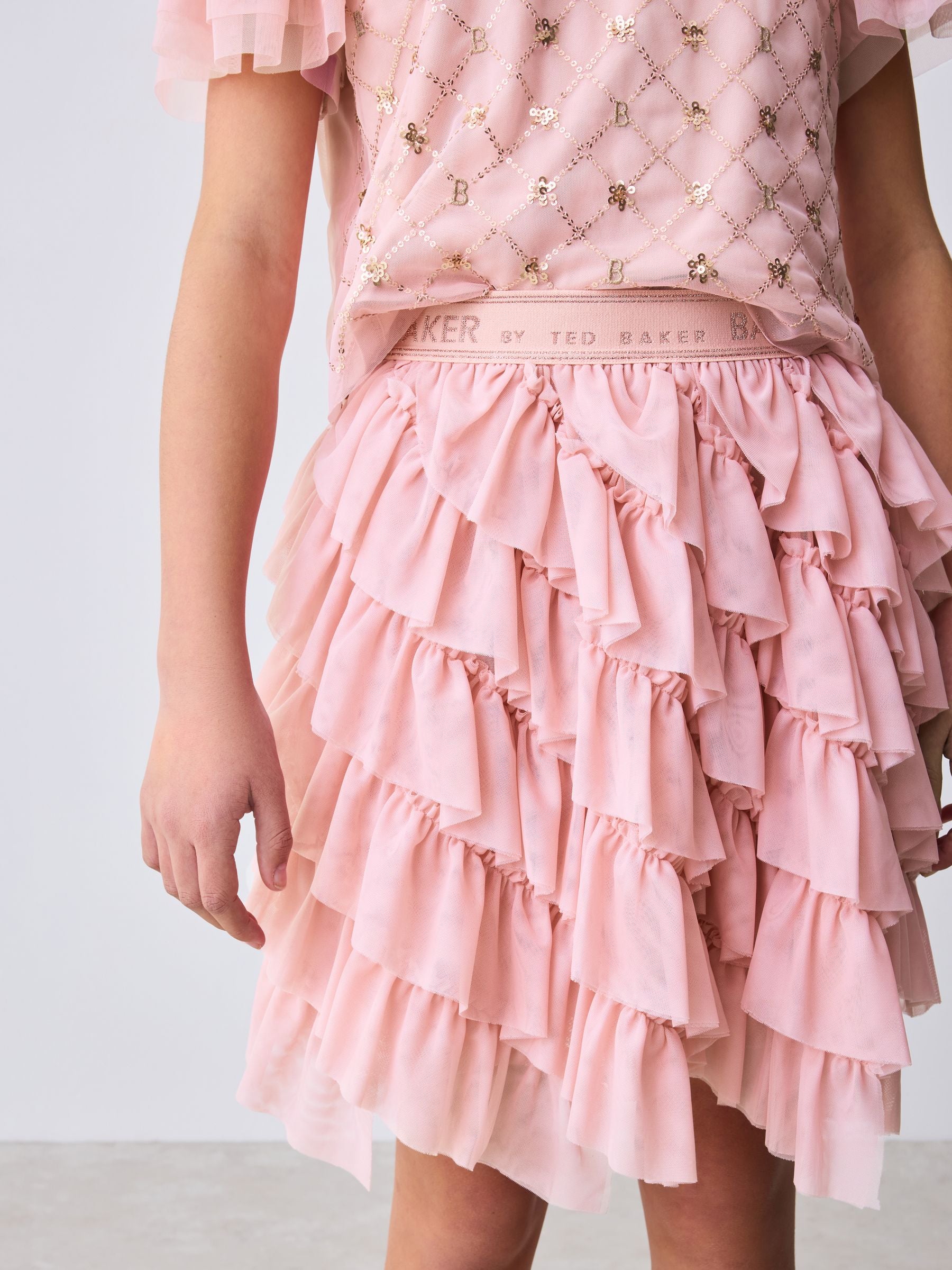 Baker by Ted Baker Pink 2 Piece Sequin Mesh Top & Ruffle Tier Skirt Set image 5