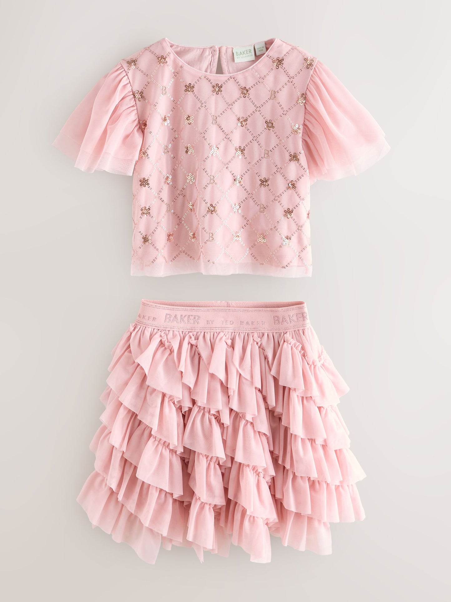 Baker by Ted Baker Pink 2 Piece Sequin Mesh Top & Ruffle Tier Skirt Set image 6