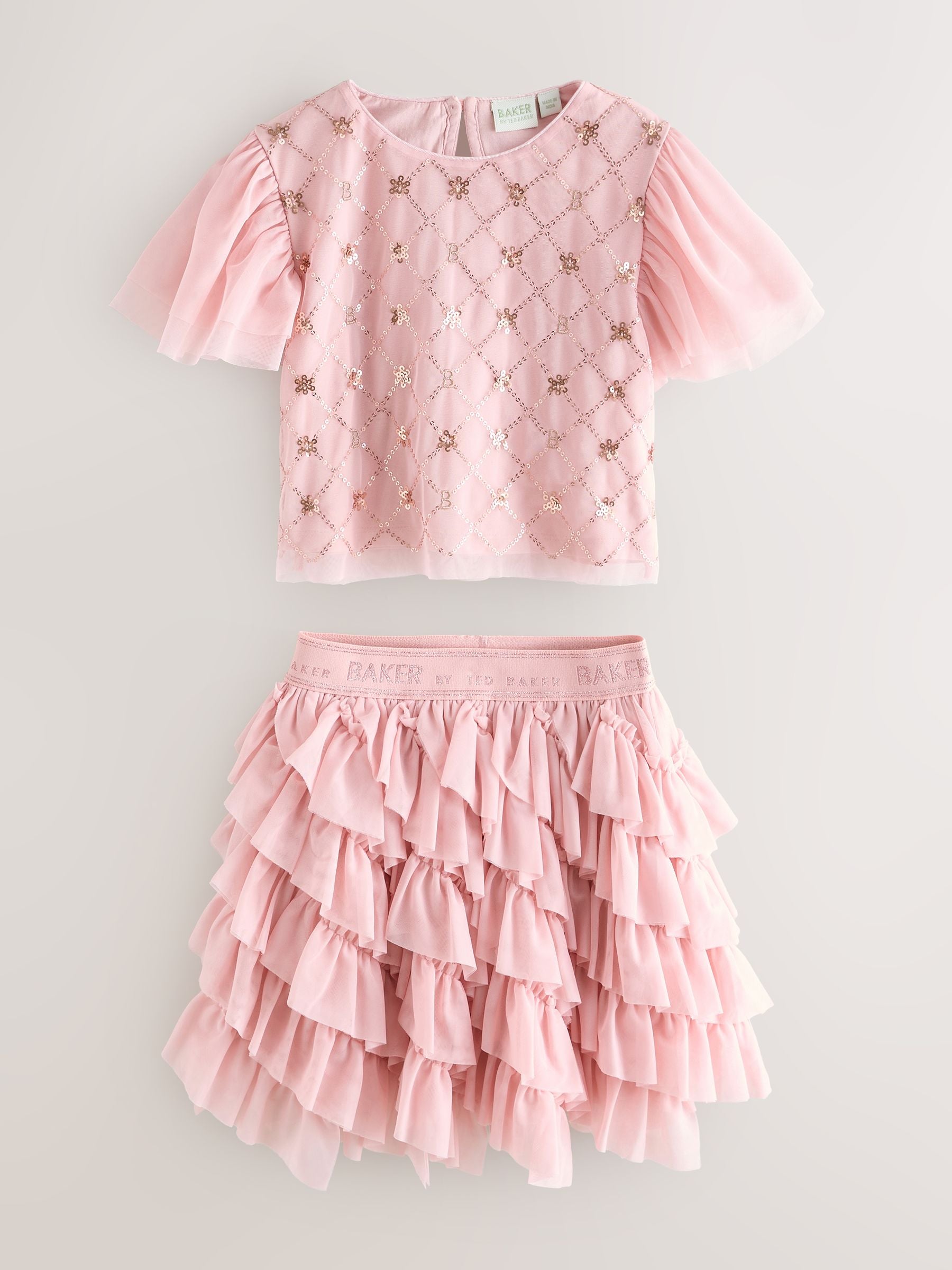 Baker by Ted Baker Pink 2 Piece Sequin Mesh Top & Ruffle Tier Skirt Set image 6