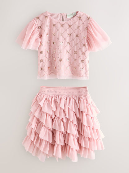 Baker by Ted Baker Pink 2 Piece Sequin Mesh Top & Ruffle Tier Skirt Set image 6