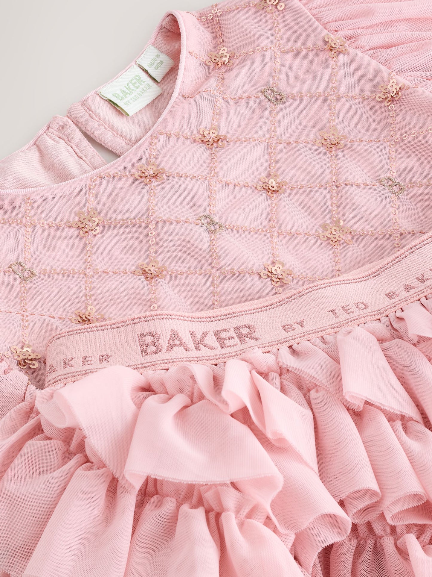 Baker by Ted Baker Pink 2 Piece Sequin Mesh Top & Ruffle Tier Skirt Set image 9