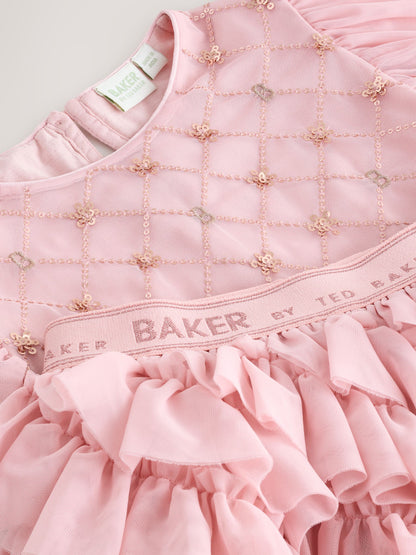 Baker by Ted Baker Pink 2 Piece Sequin Mesh Top & Ruffle Tier Skirt Set image 9