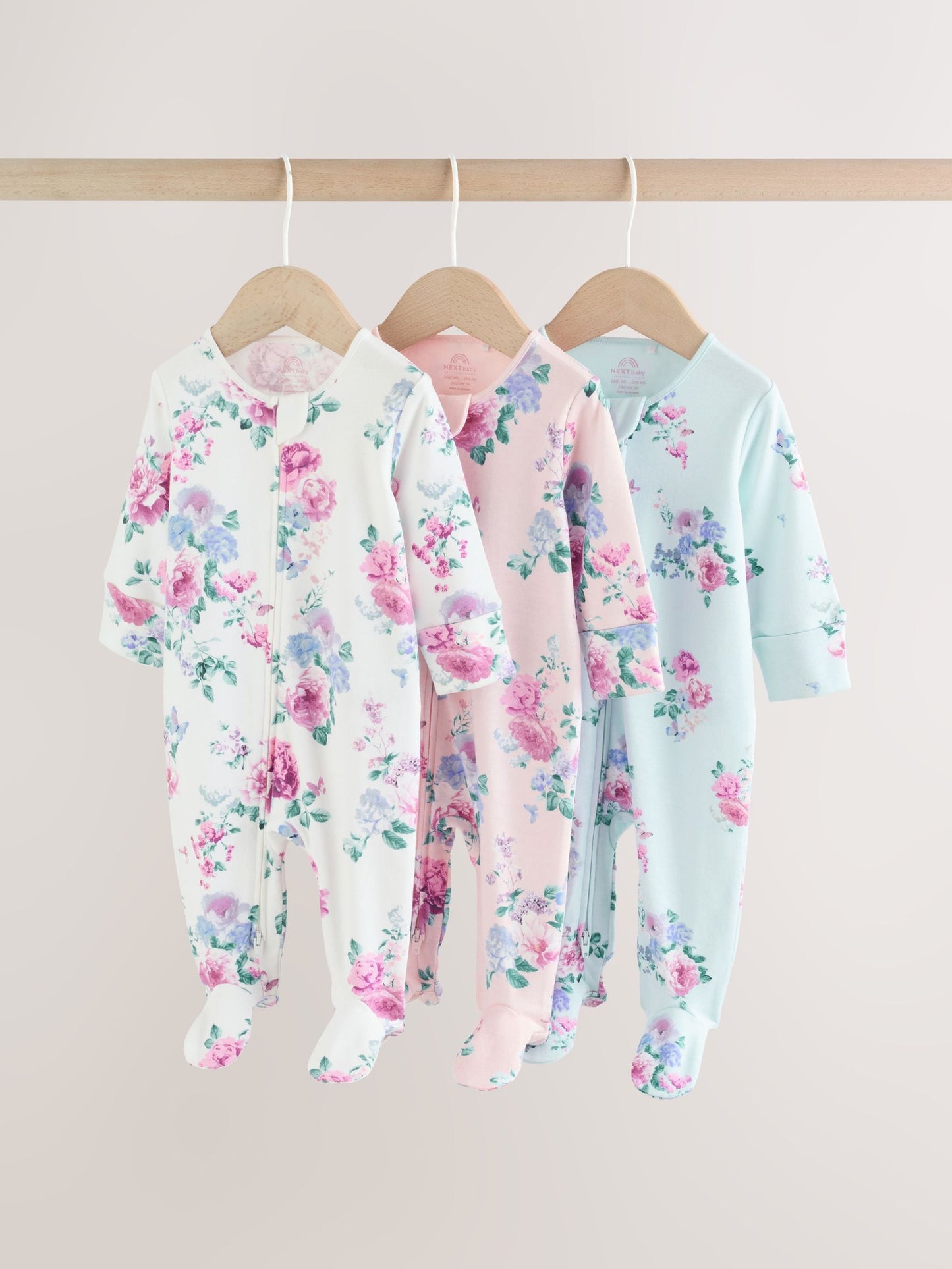 Pink Two Way Zip Baby Sleepsuit 3 Pack (0-2yrs) image 1