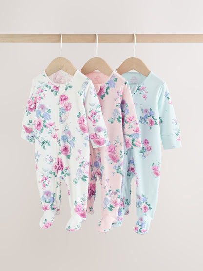 Pink Two Way Zip Baby Sleepsuit 3 Pack (0-2yrs) image 1