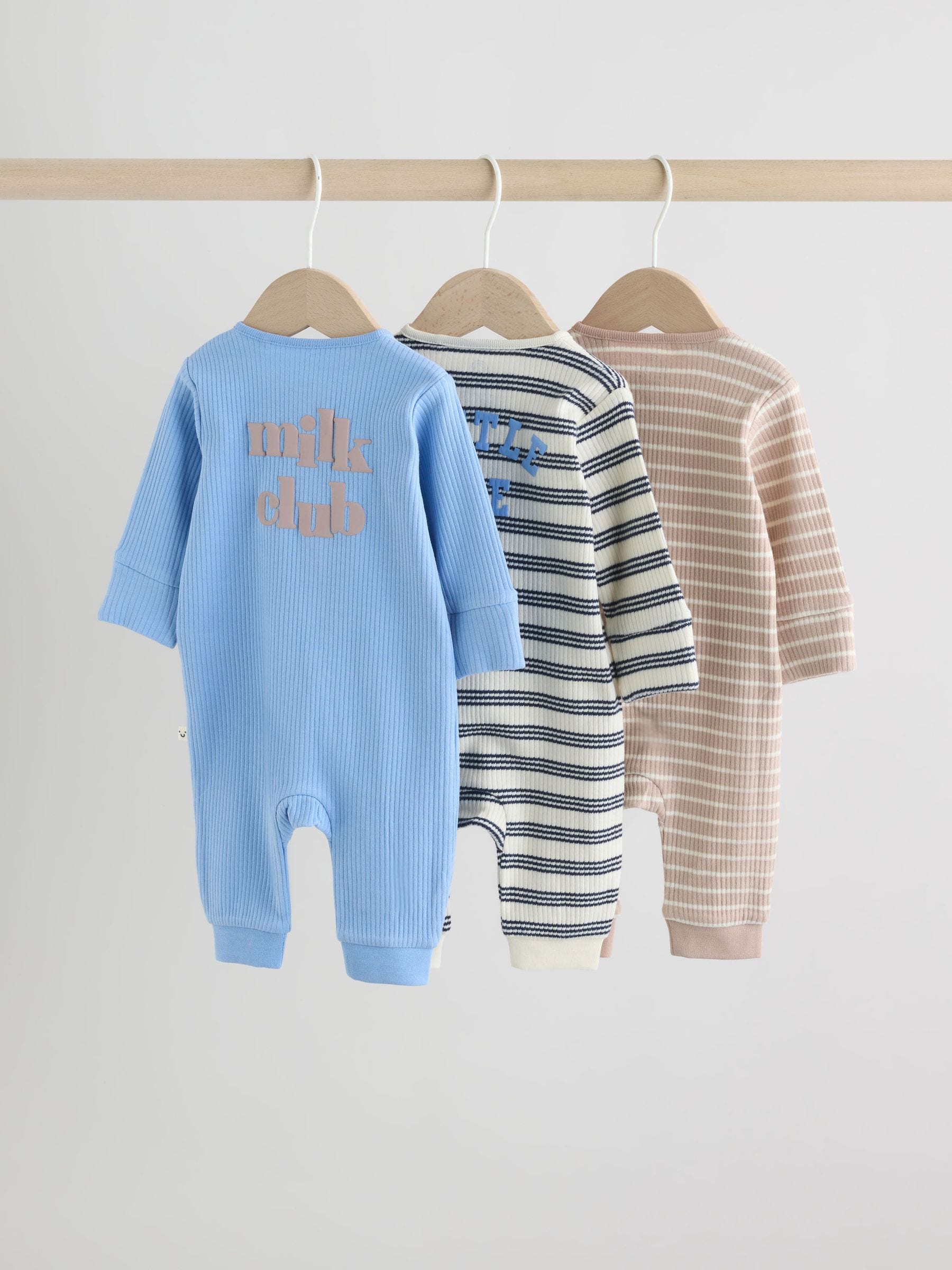 Blue Stripe Two Way Zip Baby Sleepsuits 3 Pack (0mths-3yrs) image 5