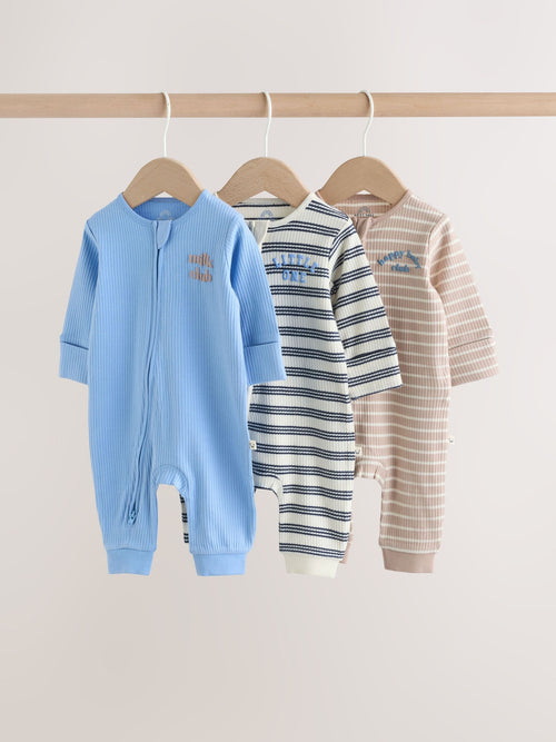 Blue Stripe Two Way Zip Baby Sleepsuits 3 Pack (0mths-3yrs) image 1