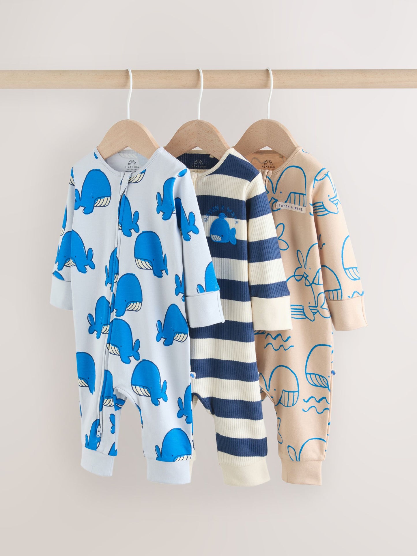 Blue Whale Two Way Zip Baby Sleepsuits 3 Pack (0mths-3yrs) image 1