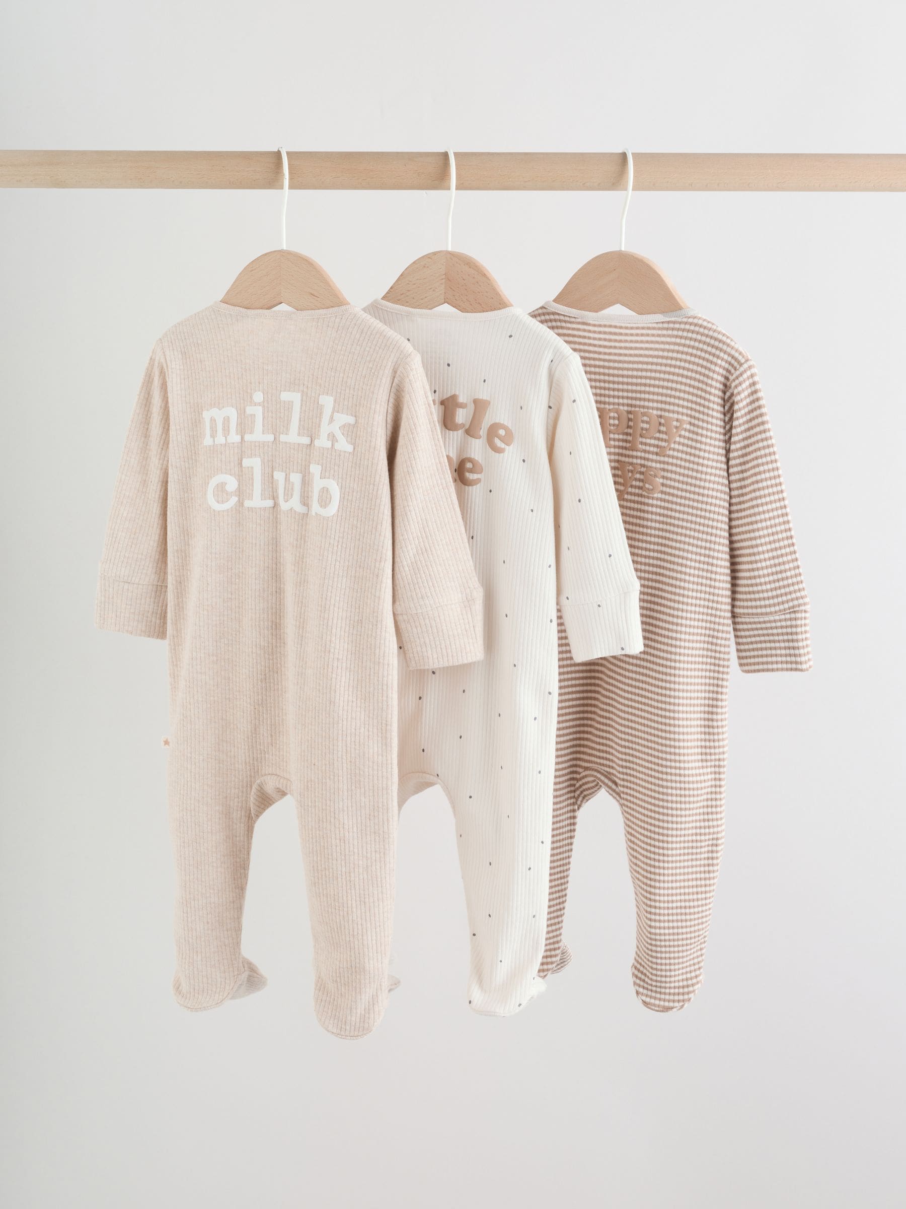 Neutral Milkclub Two Way Zip Baby Sleepsuits 3 Pack (0-2yrs) image 2
