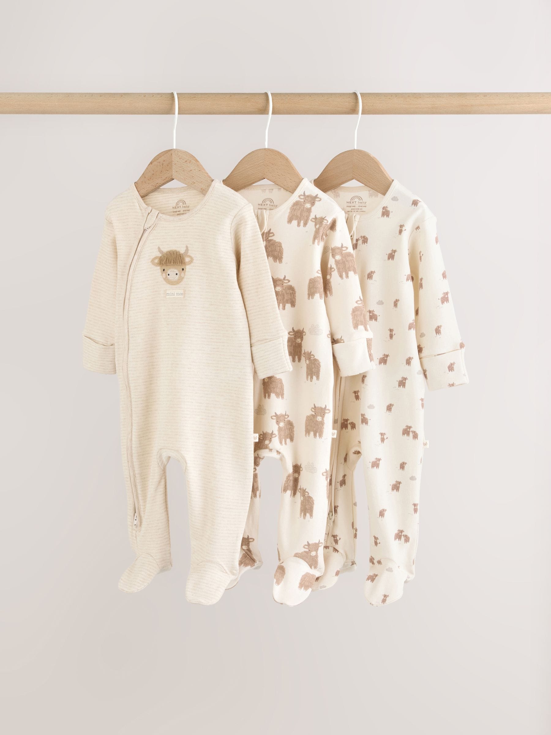 Neutral Hamish Two Way Zip Baby Sleepsuits 3 Pack (0-2yrs) image 1