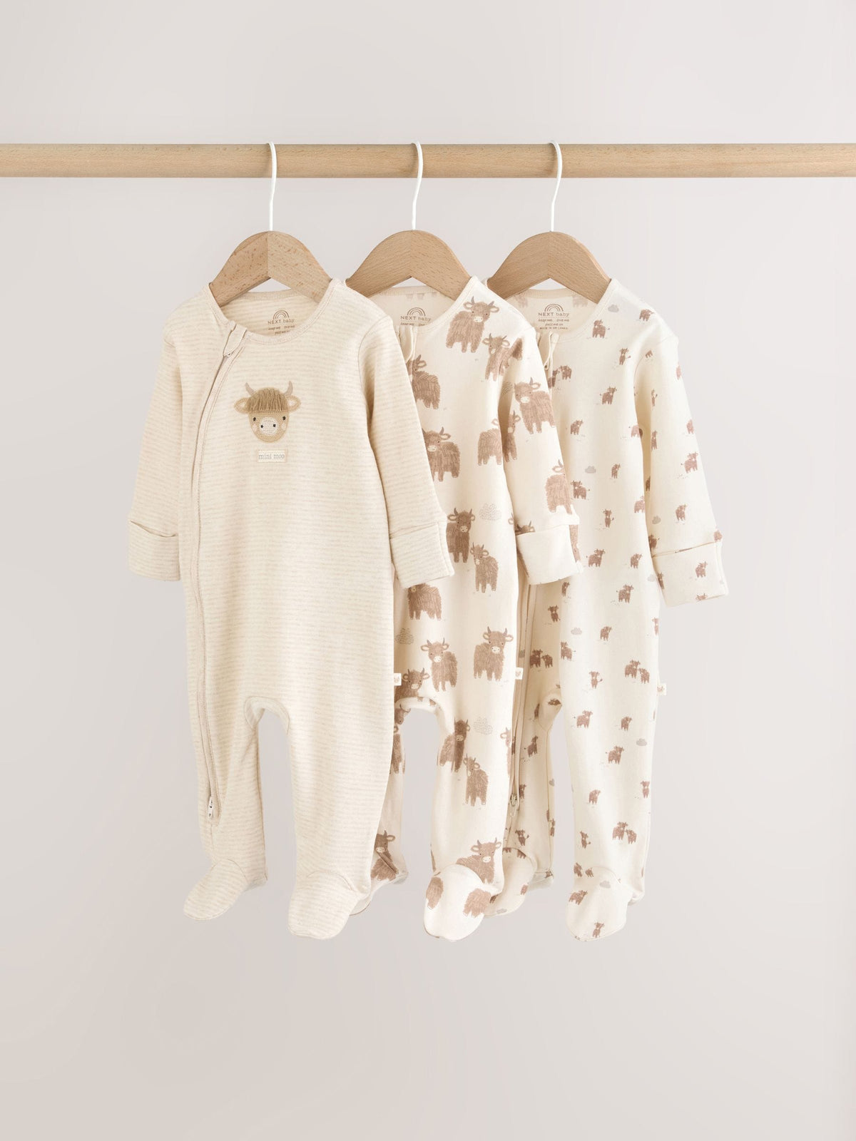 Neutral Hamish Two Way Zip Baby Sleepsuits 3 Pack (0-2yrs) image 1