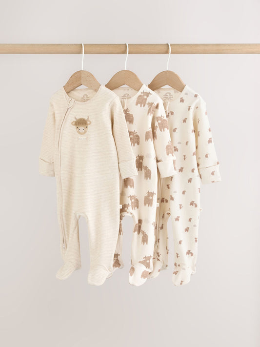 Neutral Hamish Two Way Zip Baby Sleepsuits 3 Pack (0-2yrs) image 1