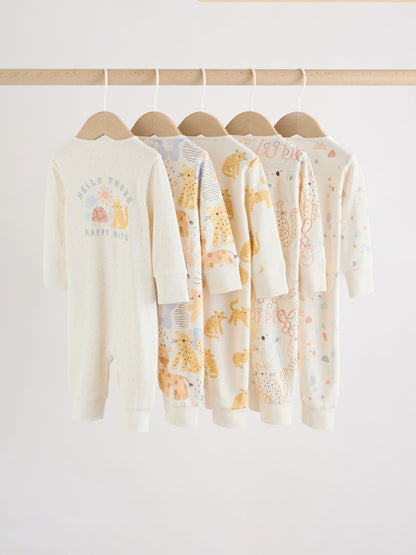 Cream Safari Two Way Zip Baby Sleepsuits 5 Pack (0mths-3yrs) image 2