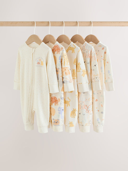 Cream Safari Two Way Zip Baby Sleepsuits 5 Pack (0mths-3yrs) image 1