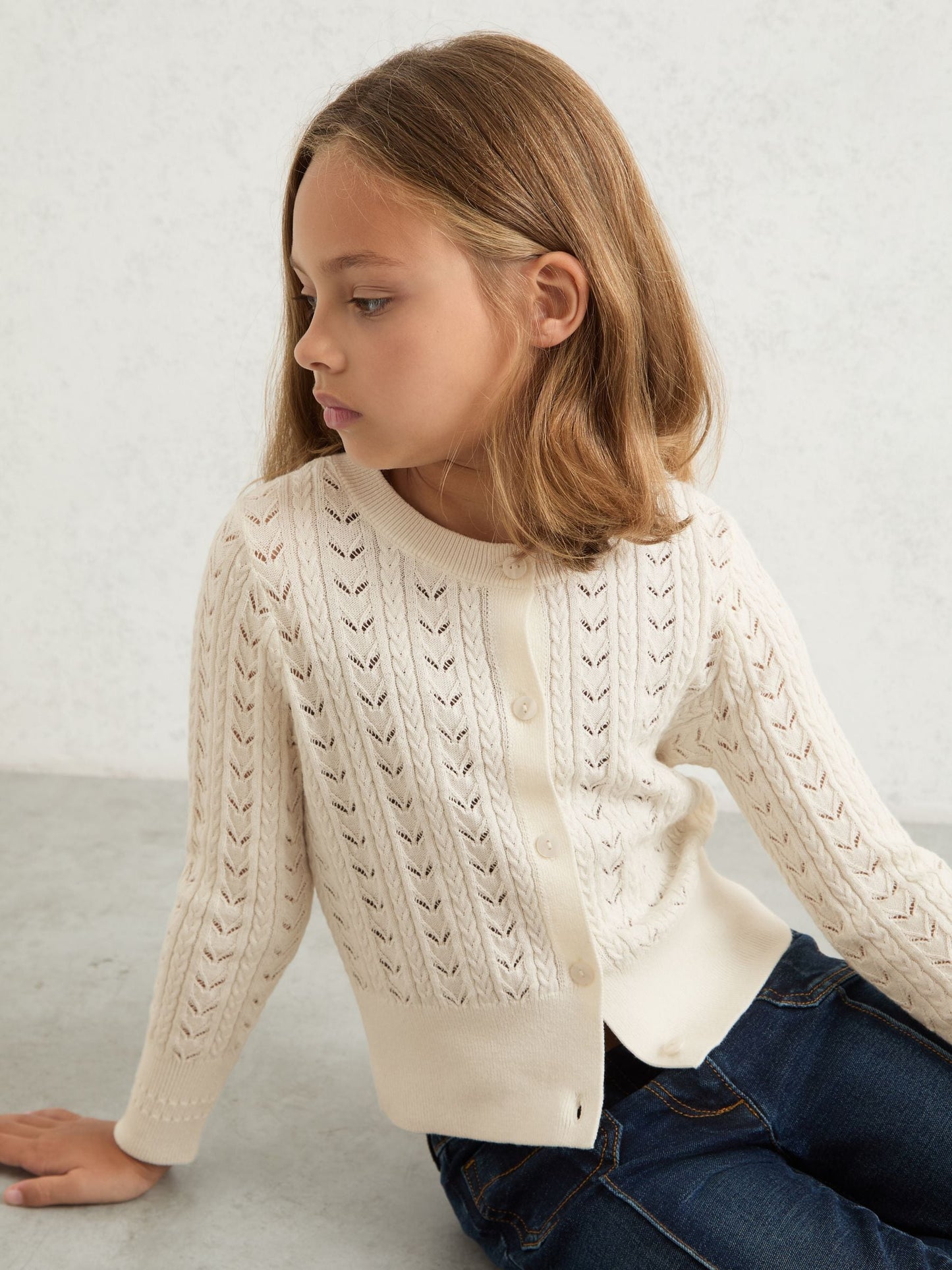 Reiss Ivory Flo 9-13 yrs Wool-Cotton Pointelle Cardigan image 3