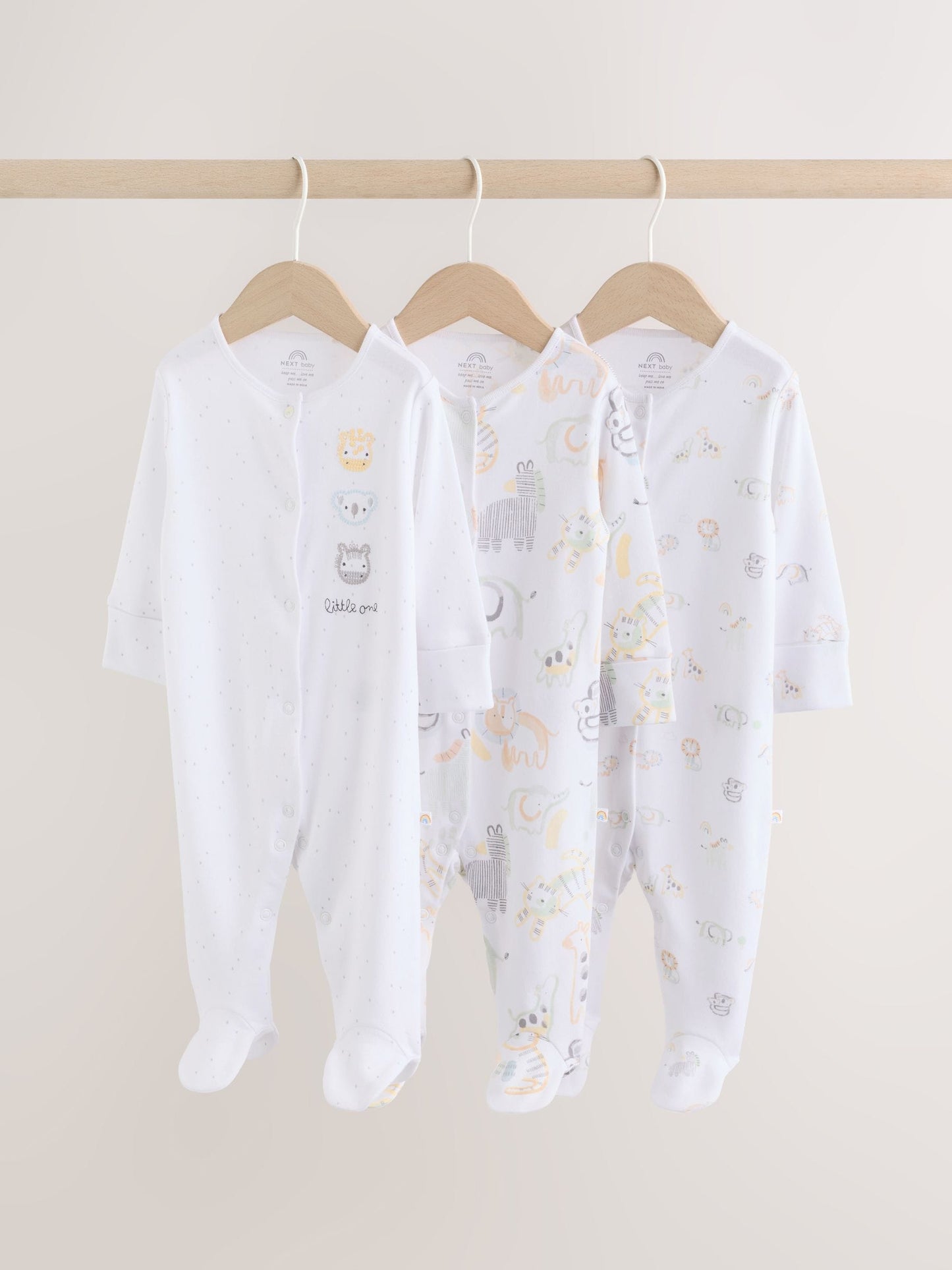 White Safari Baby Sleepsuits 3 Pack image 1