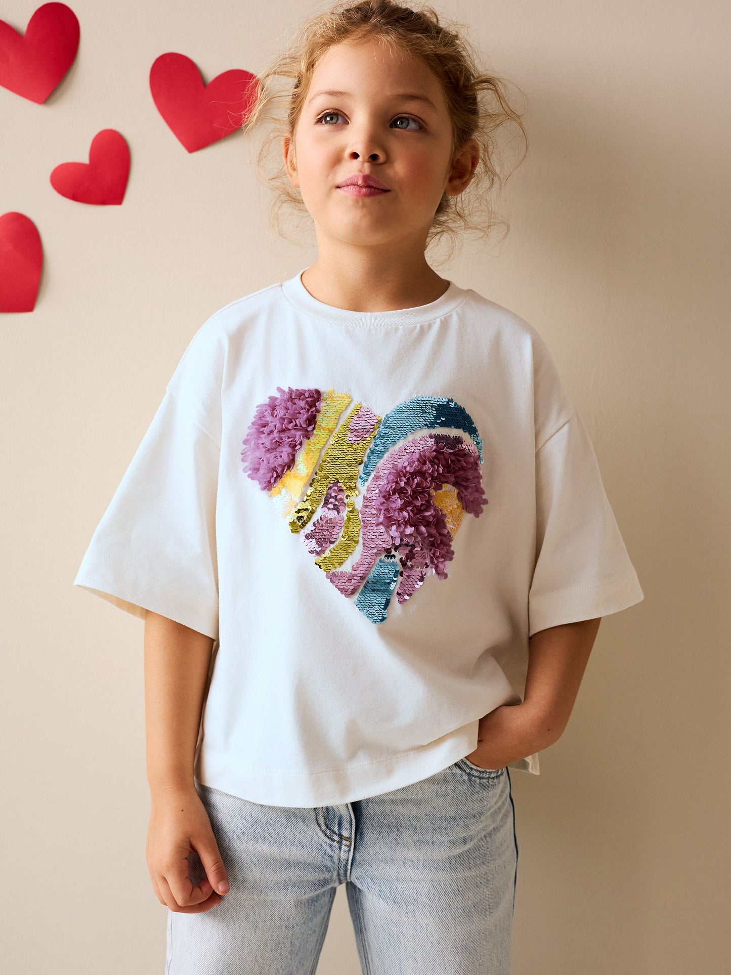 Dsiney Kidz - White Boxy Sequin Heart T-Shirt (3-16yrs) image 1