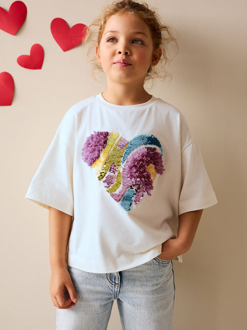 Dsiney Kidz - White Boxy Sequin Heart T-Shirt (3-16yrs) image 1