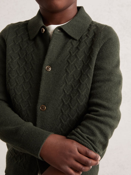 Reiss Forest Green Gideon 9-13 yrs Wool V-Stitch Button-Through Cardigan - image 1