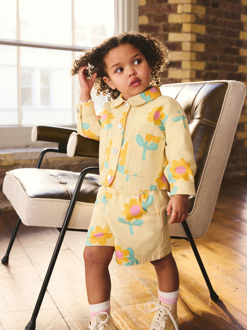 Yellow Flower Printed Jacket And Shorts Set (3mths-7yrs) image 1