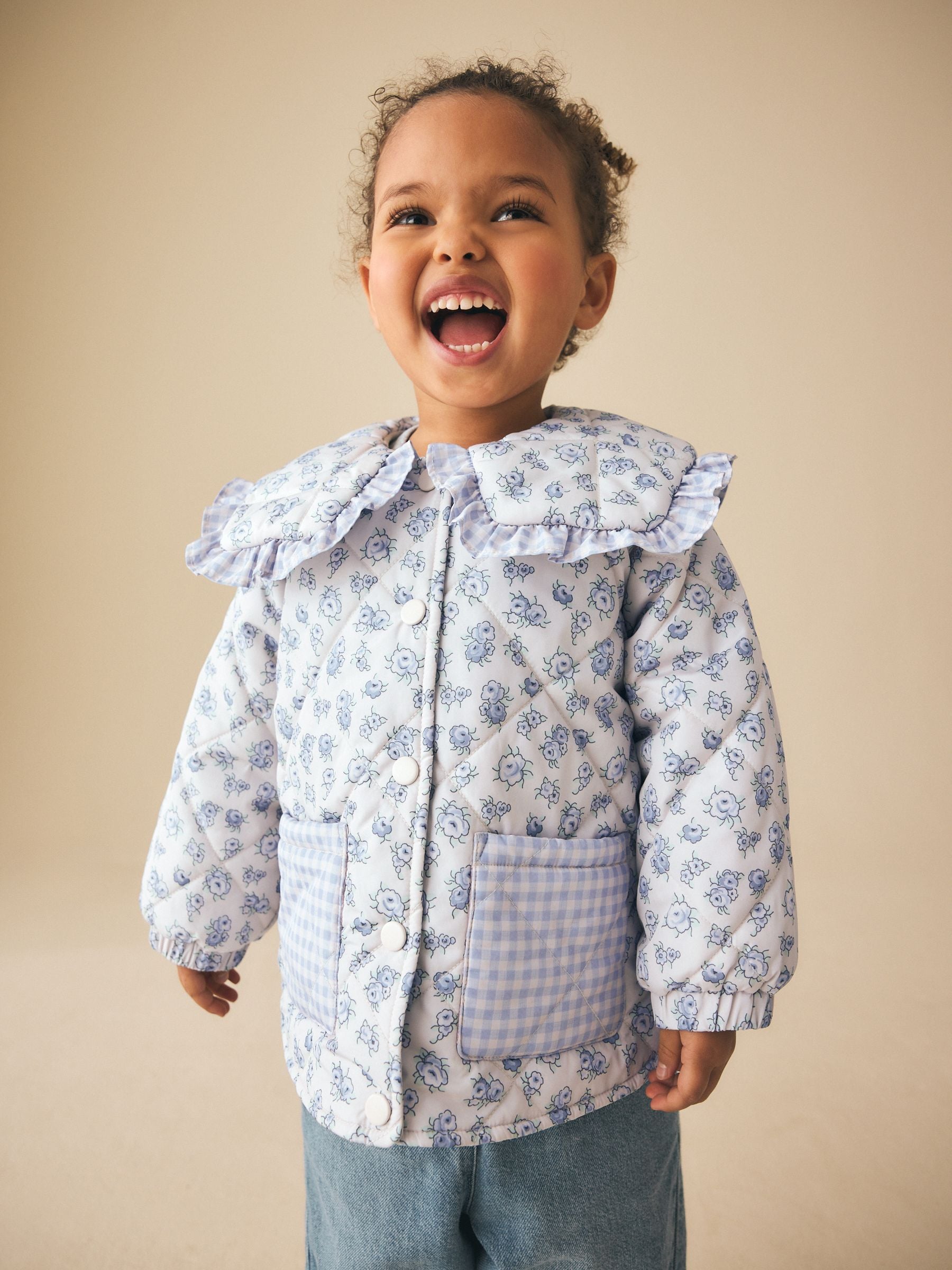 Dsiney Kidz - Blue/White Shower Resistant Frill Collar Quilted Jacket (3mths-7yrs) image 1