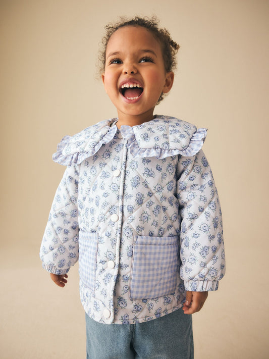 Dsiney Kidz - Blue/White Shower Resistant Frill Collar Quilted Jacket (3mths-7yrs) image 1