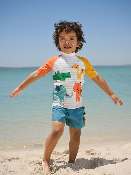 White/Red/Yellow Short Sleeve Sunsafe Rash Vest and Swim Shorts Set (3mths-7yrs) image 3