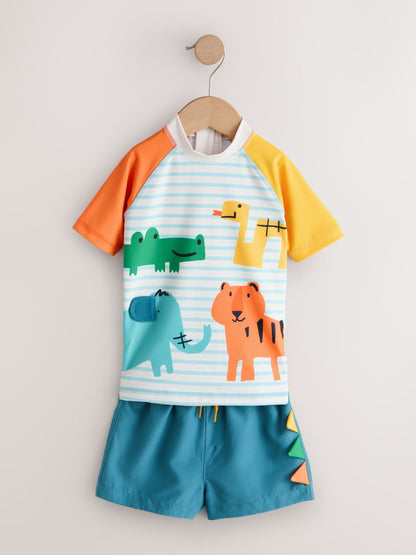 White/Red/Yellow Short Sleeve Sunsafe Rash Vest and Swim Shorts Set (3mths-7yrs) image 3