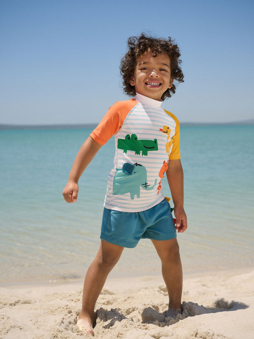 White/Red/Yellow Short Sleeve Sunsafe Rash Vest and Swim Shorts Set (3mths-7yrs) image 1
